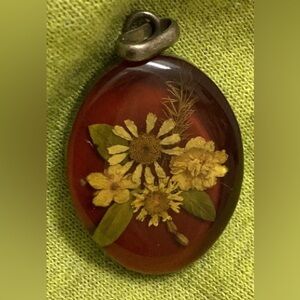 Vintage oval pendant dried flowers Bohemian Botanical Cottagecore sterling